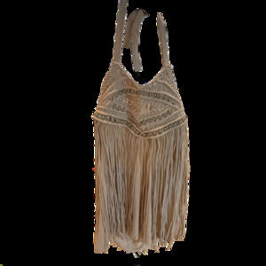 Cream Macrame Beaded Fringe Boho Coachella Halter Top M/L